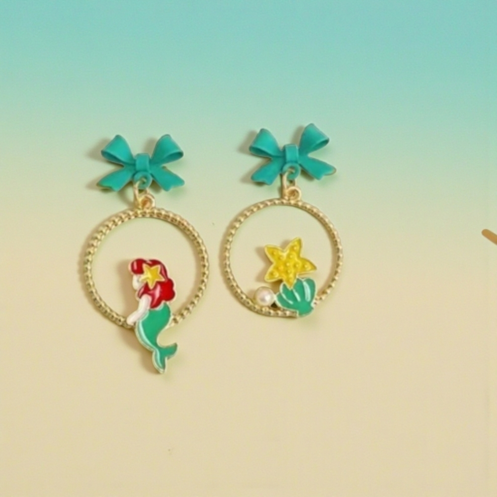 Mermaid Princess Girl Gold Plated Bowknot Design Alloy Earrings‎ Cute Cartoon St